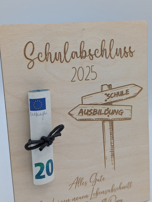 Personalisierte Holz-Geschenkkarte zum Schulabschluss – Kreatives Geldgeschenk aus Birkenholz