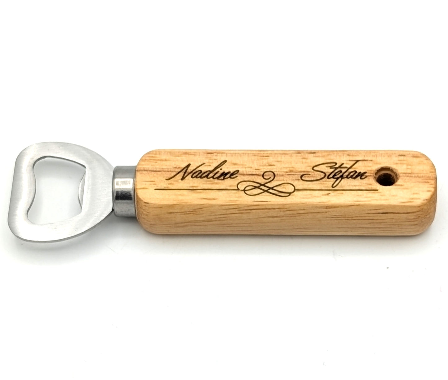 Flaschenöffner aus Buchen-Holz mit Lasergravur "Namen vom Ehepaar" Hochzeitsgeschenk, Hochzeitstag