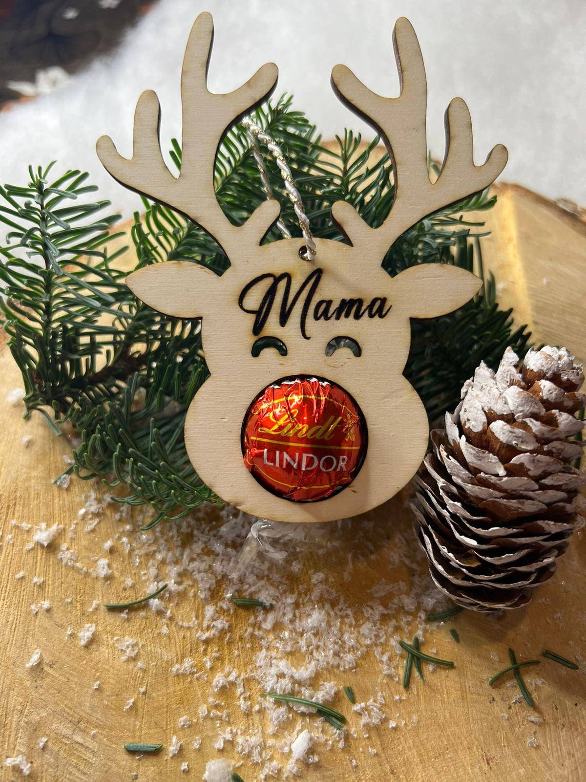 Rentier Schoko Weihnachtskugel, Mitbringsel, Personalisierter Christbaumschmuck aus Holz, Geschenkidee, Weihnachtsgeschenk, Weihnachten