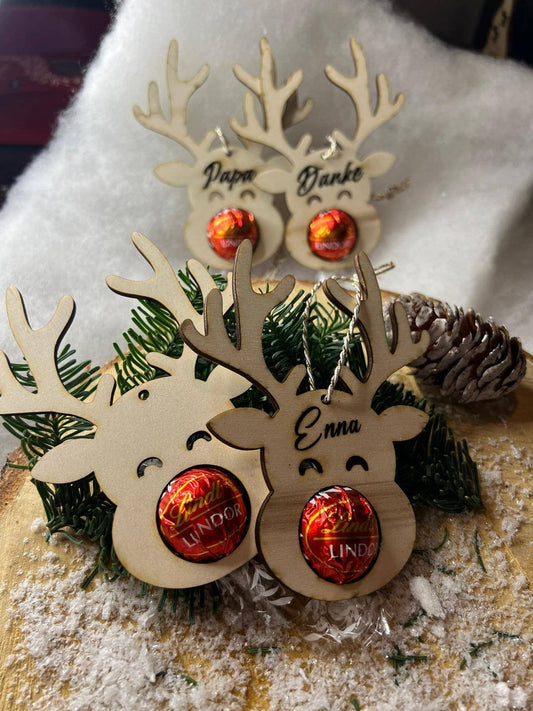 Rentier Schoko Weihnachtskugel, Mitbringsel, Personalisierter Christbaumschmuck aus Holz, Geschenkidee, Weihnachtsgeschenk, Weihnachten