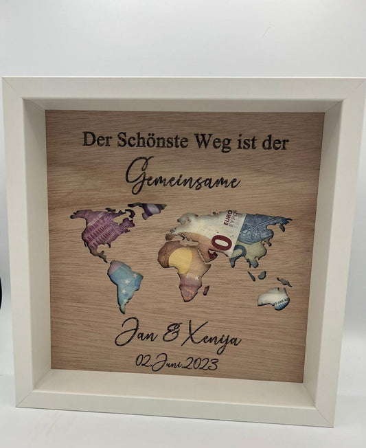 Geldgeschenk zur Hochzeit, weltkarte, Hochzeitstag, weg zusammen, Hochzeitsgeschenk ,Geschenkidee, Geburtstagsgeschenk, holz ,personalisiert