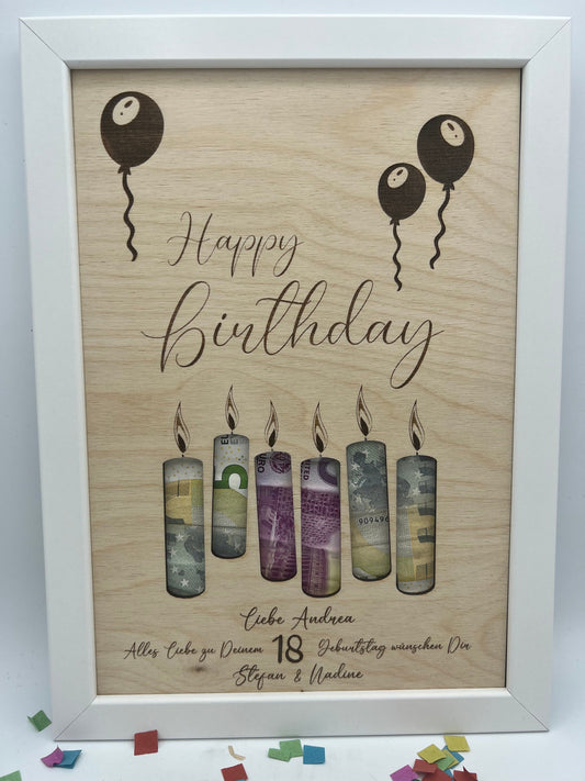 Personalisiertes Geldgeschenk zum Geburtstag, Motiv Luftballons mit Happy Birthday, Name vom Geburtstagkind & der Wünschenden sowie das Geburtstagsjahr können Graviert werden.