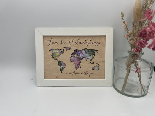 Geldgeschenk Weltkarte , Geschenk in Bilderrahmen, Geschenk zum Geburtstag , Reisegeschenk , Geschenkidee Weltkarte