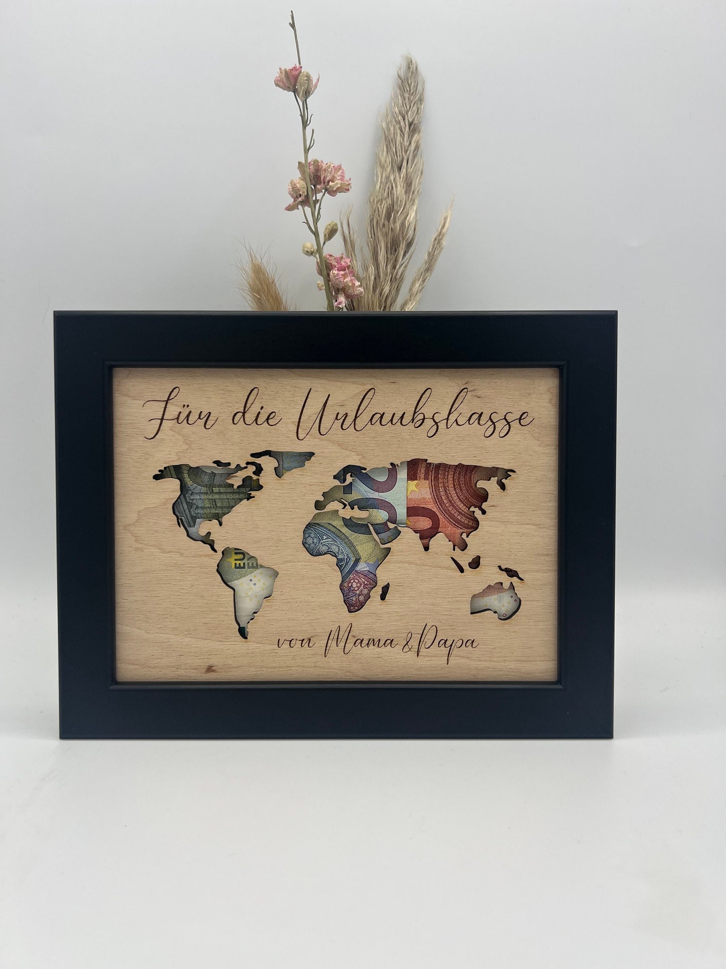 Geldgeschenk Weltkarte , Geschenk in Bilderrahmen, Geschenk zum Geburtstag , Reisegeschenk , Geschenkidee Weltkarte