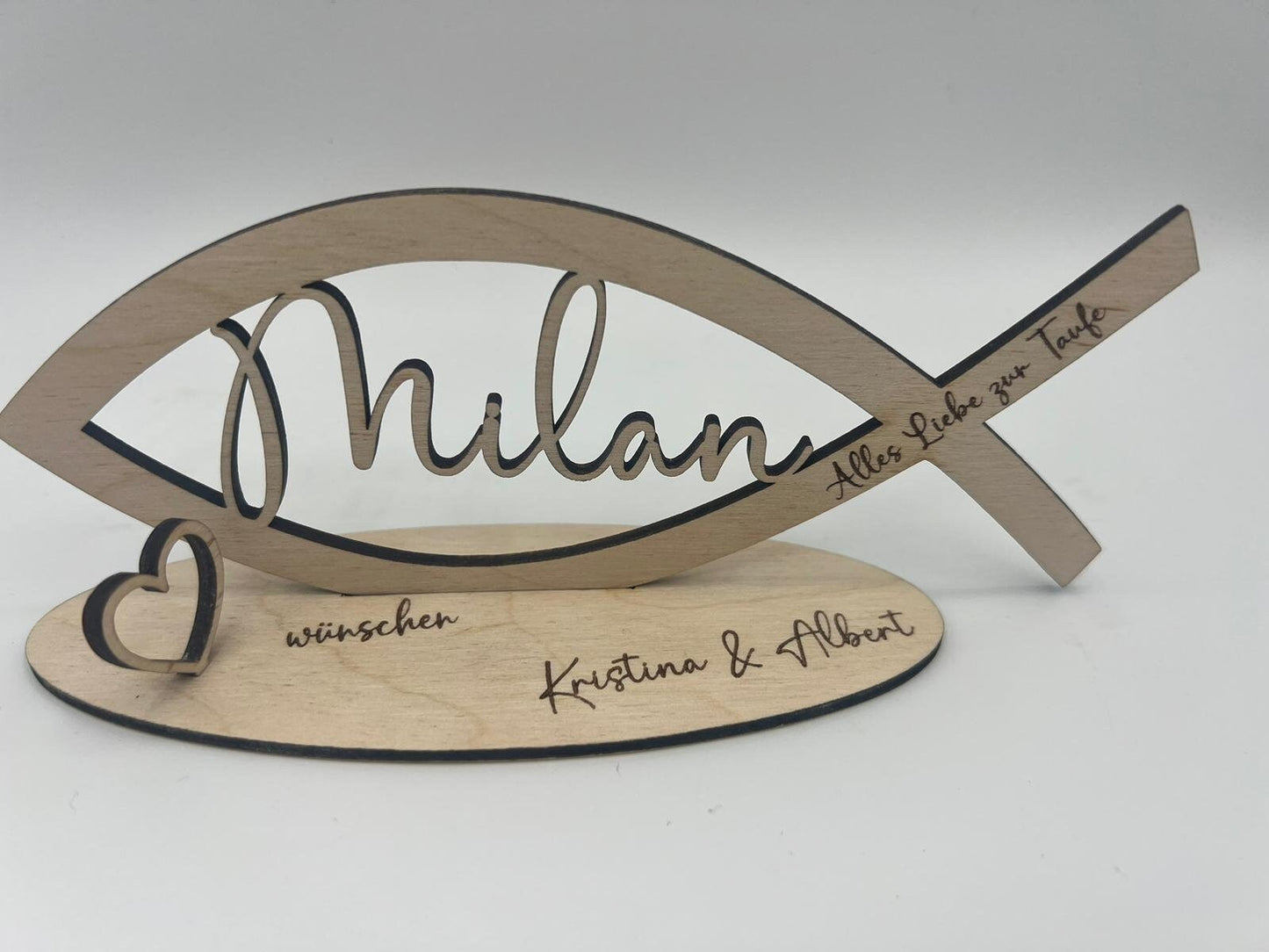 Geldgeschenk zur Taufe aus Holz, Fisch mit Wunschname inkl. Gravur aus Holz, Kommunion, Konfirmation, Jugendweihe, ,Alles Liebe zur Taufe