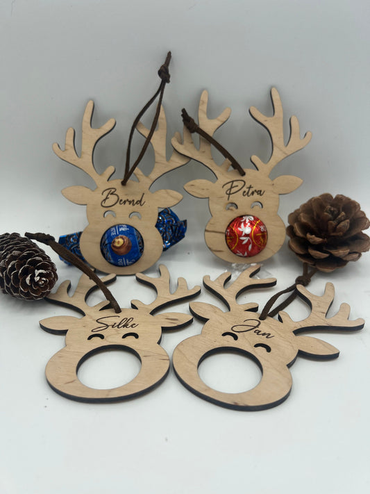 Rentier Schoko Weihnachtskugel, Mitbringsel, Personalisierter Christbaumschmuck aus Holz, Geschenkidee, Weihnachtsgeschenk, Weihnachten
