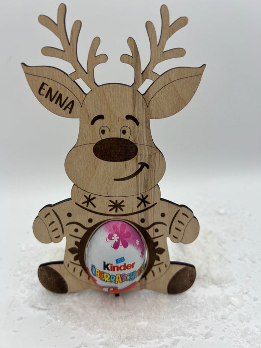 Rentier Aufsteller aus Birken Sperrholz, in die Öffnung passt ein Ü-ei. Eine schöne Geschenkidee für Kinder.
