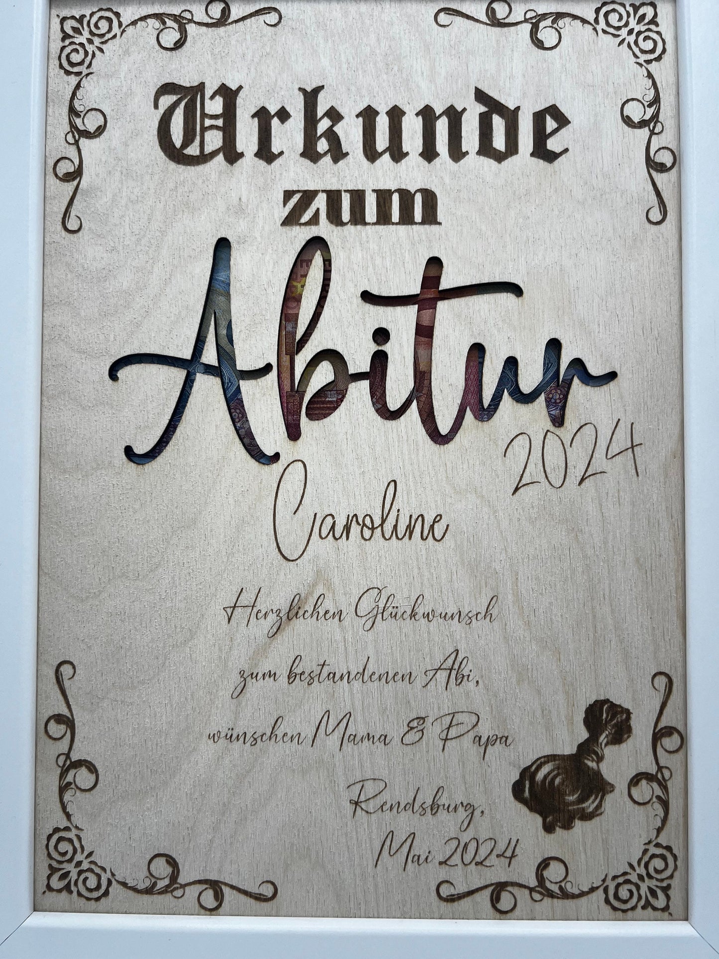 Urkunde zum bestandenen Abitur, Schulabschluss als Geldgeschenk, personalisierte Geschenkidee