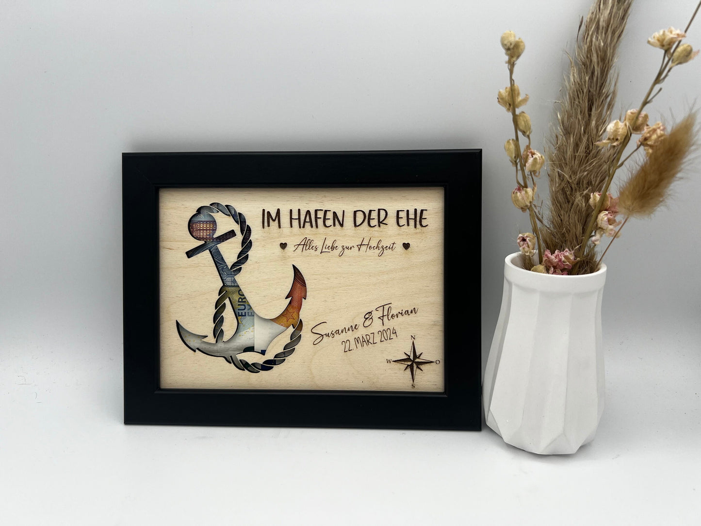 Hochzeitsgeschenk im Bilderrahmen, Geldgeschenk Anker personalisiert, Geschenk Maritim zur Hochzeit, für das Brautpaar, für Gutschein Geld