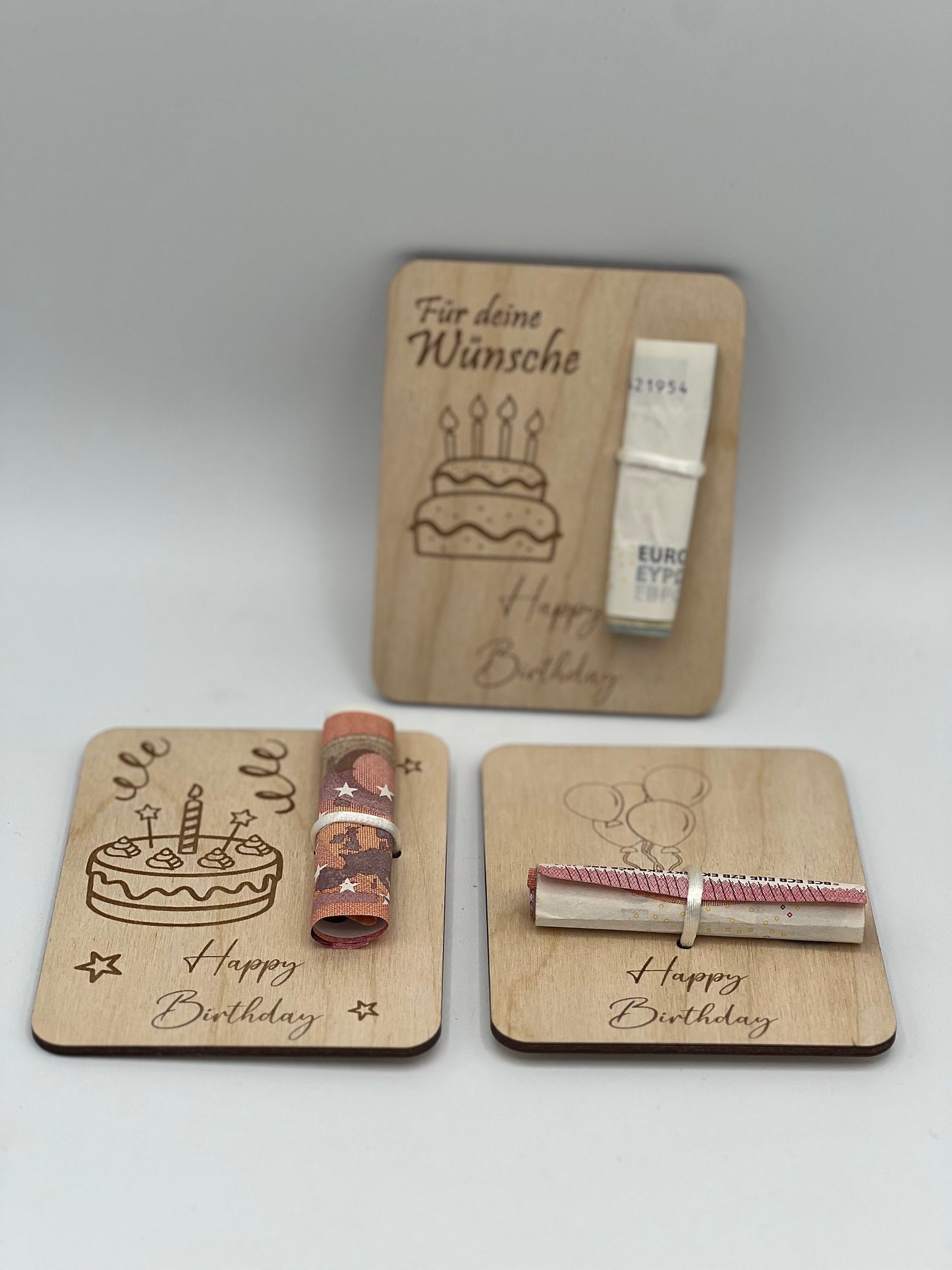 Holzkarte Geldgeschenk zum Geburtstag/ Geschenkidee/ geschenverpackung/ Geld verschenke Holz/ Geburtstagsgeschenk/ Torte / Luftballons