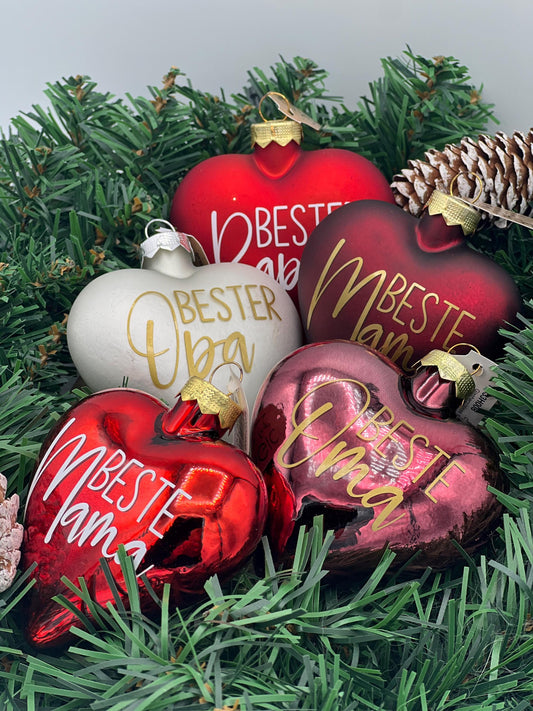 Weihnachtskugel in Herzform aus Glas, 8cm, Personalisierter Weihnachtsschmuck, Tischdekoration, Christbaumschmuck oder Gastgeschenk