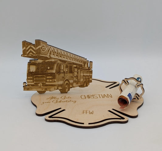 Feuerwehr Geldgeschenk aus Holz, Drehleiter, Personalisiert