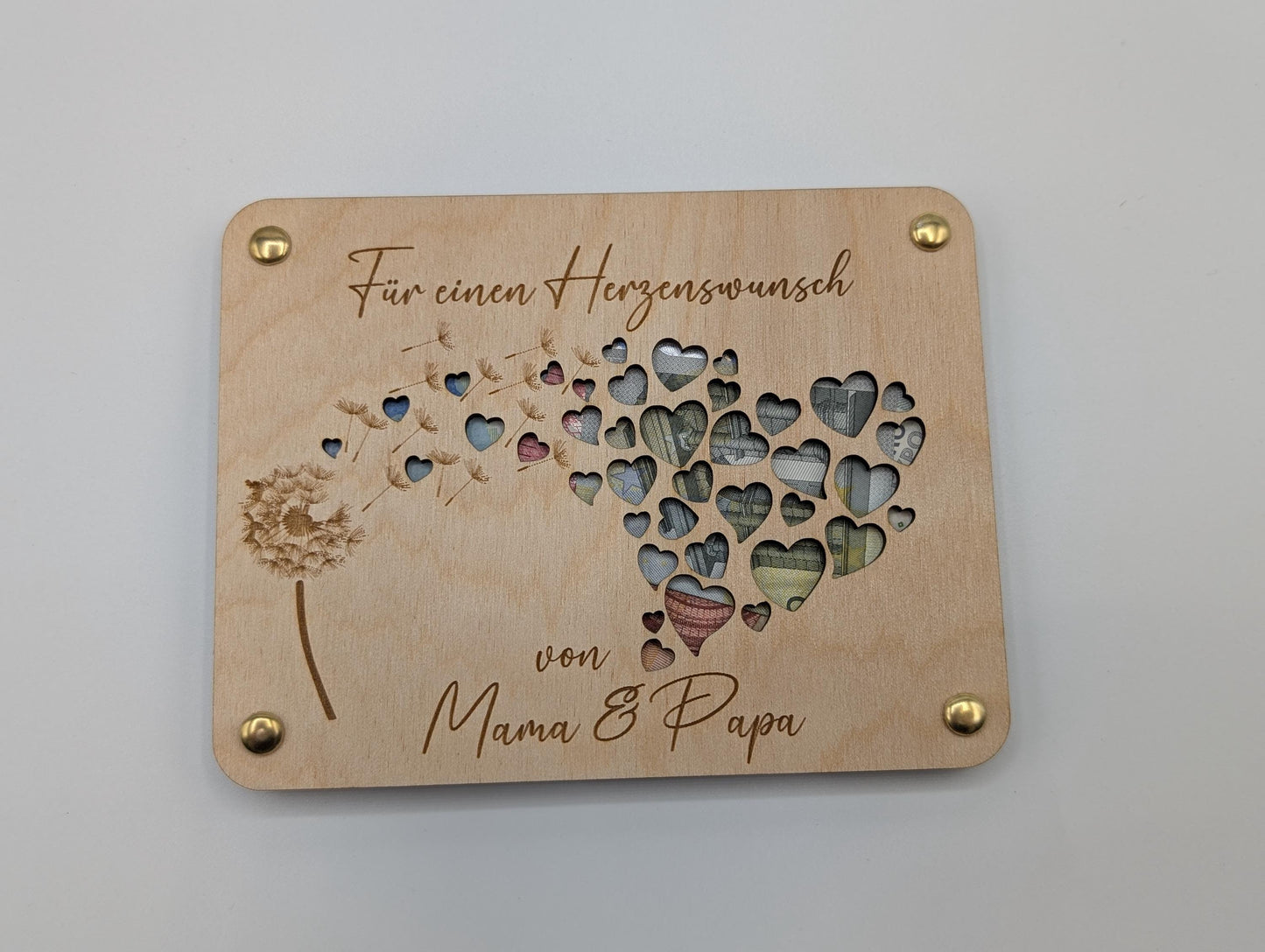 Geldgeschenk Geschenkkarte aus Holz mit Pusteblume und Herzen, Geld verschenken