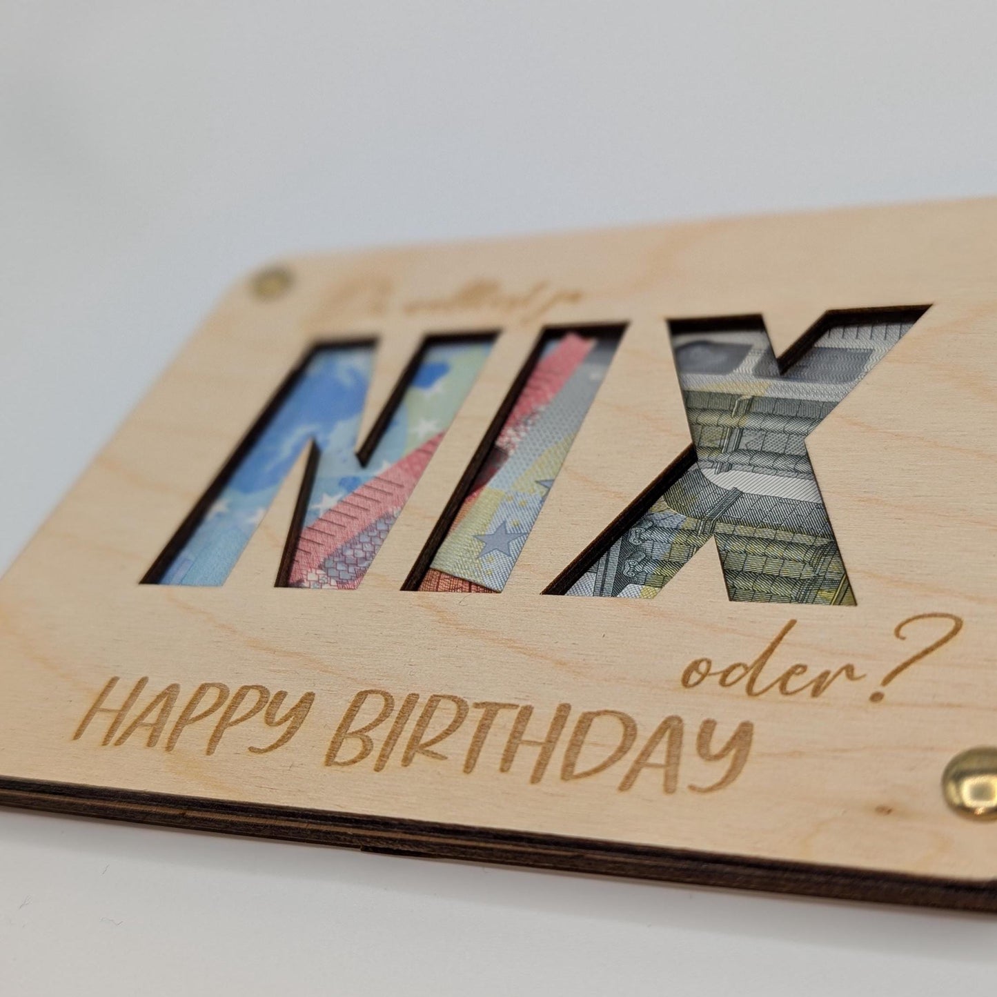 Gutscheinkarte zum Geburtstag, Geldgeschenk aus Holz mit NIX, Geld verschenken