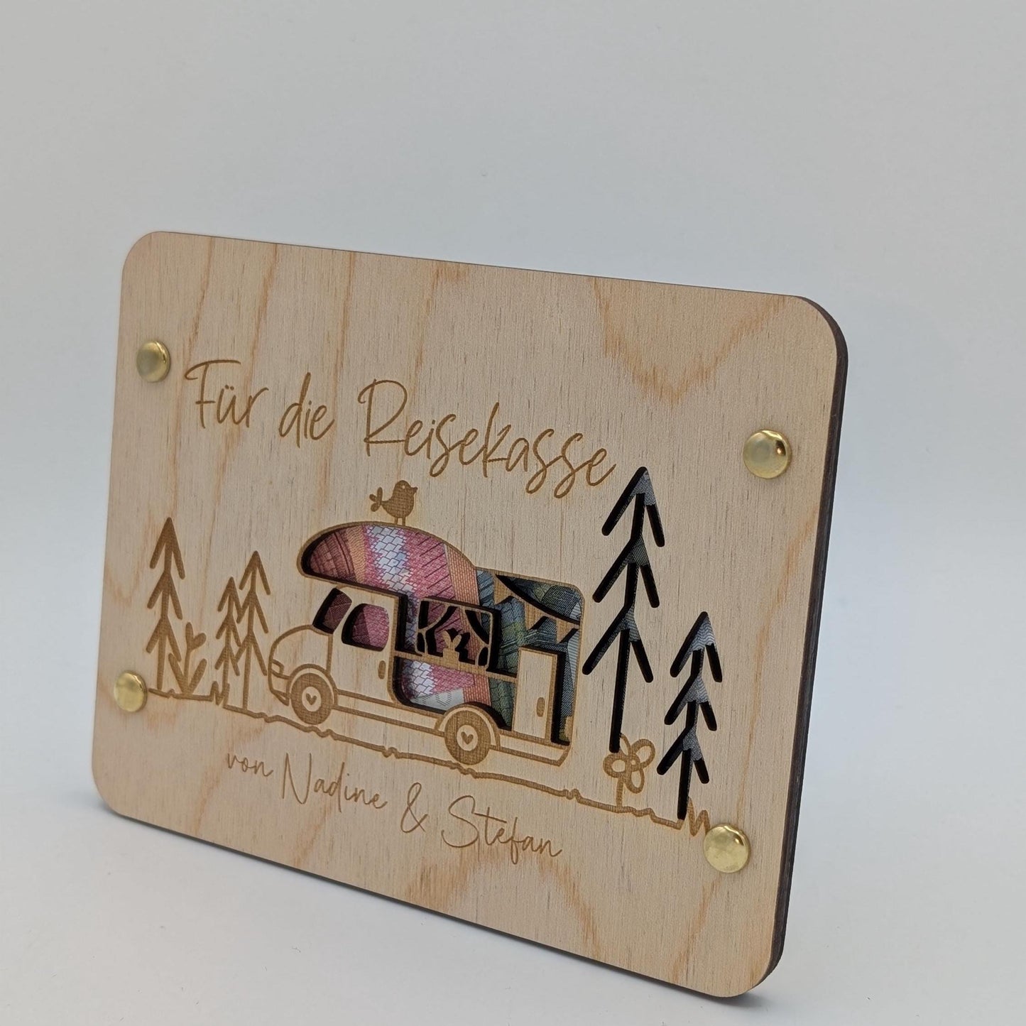 Geschenkkarte aus Holz, Camper, Wohnmobil, Wohnwagen als Geldgeschenk