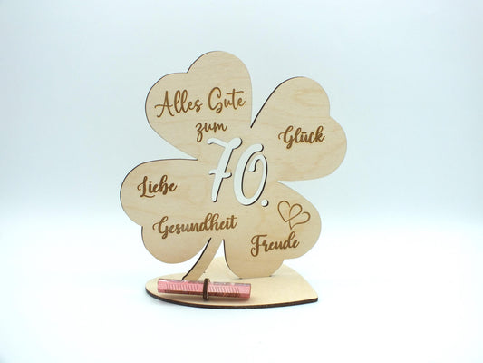 Geldgeschenk Kleeblatt Holz 70. Geburtstag, 12,5cm oder 18,0cm, Geldgeschenk auf Wunsch mit Namensgravur