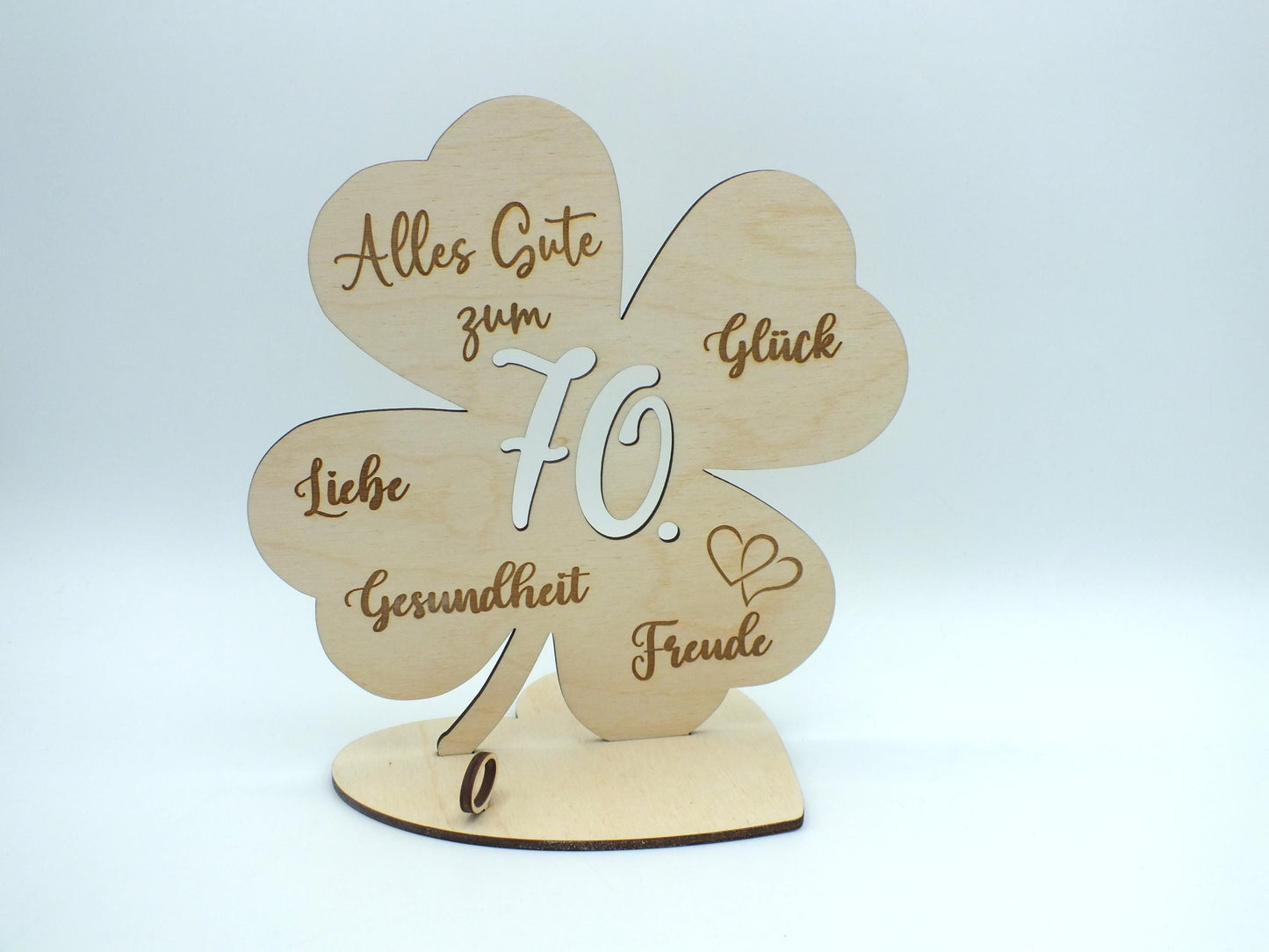 Geldgeschenk Kleeblatt Holz 70. Geburtstag, 12,5cm oder 18,0cm, Geldgeschenk auf Wunsch mit Namensgravur