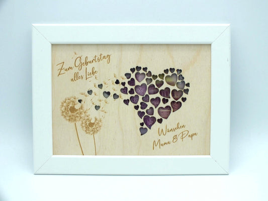 Geldgeschenk im Bilderrahmen zum Geburtstag oder Hochzeit, Herzmotiv mit Pusteblume, Größe wählbar, Größe: 13 x 18 cm oder 21 x 30 cm