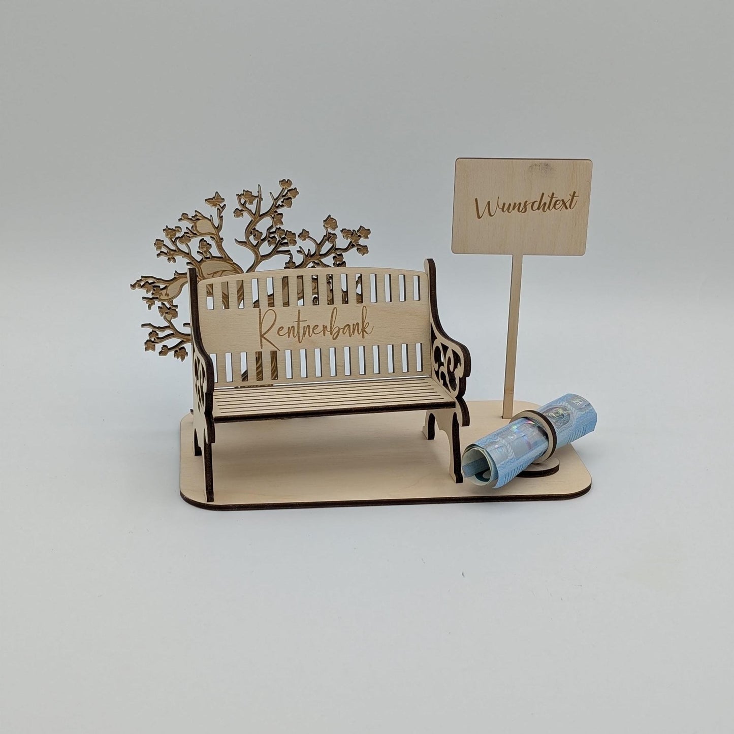 Geldgeschenk zur Rente aus Holz, Personalisiert mit Namen zum Renteneintritt, für Rentner, Rentnerin