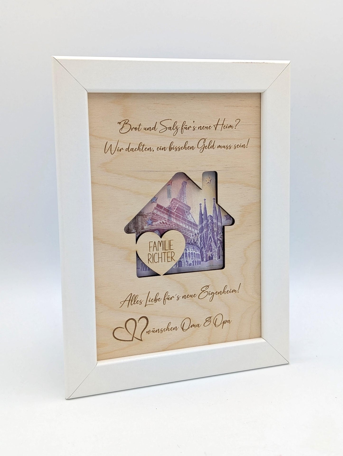 Geldgeschenk zum Einzug, Umzug oder für das Eigenheim, personalisiert im Bilderrahmen zum verschenken von Geld oder Gutscheinen.