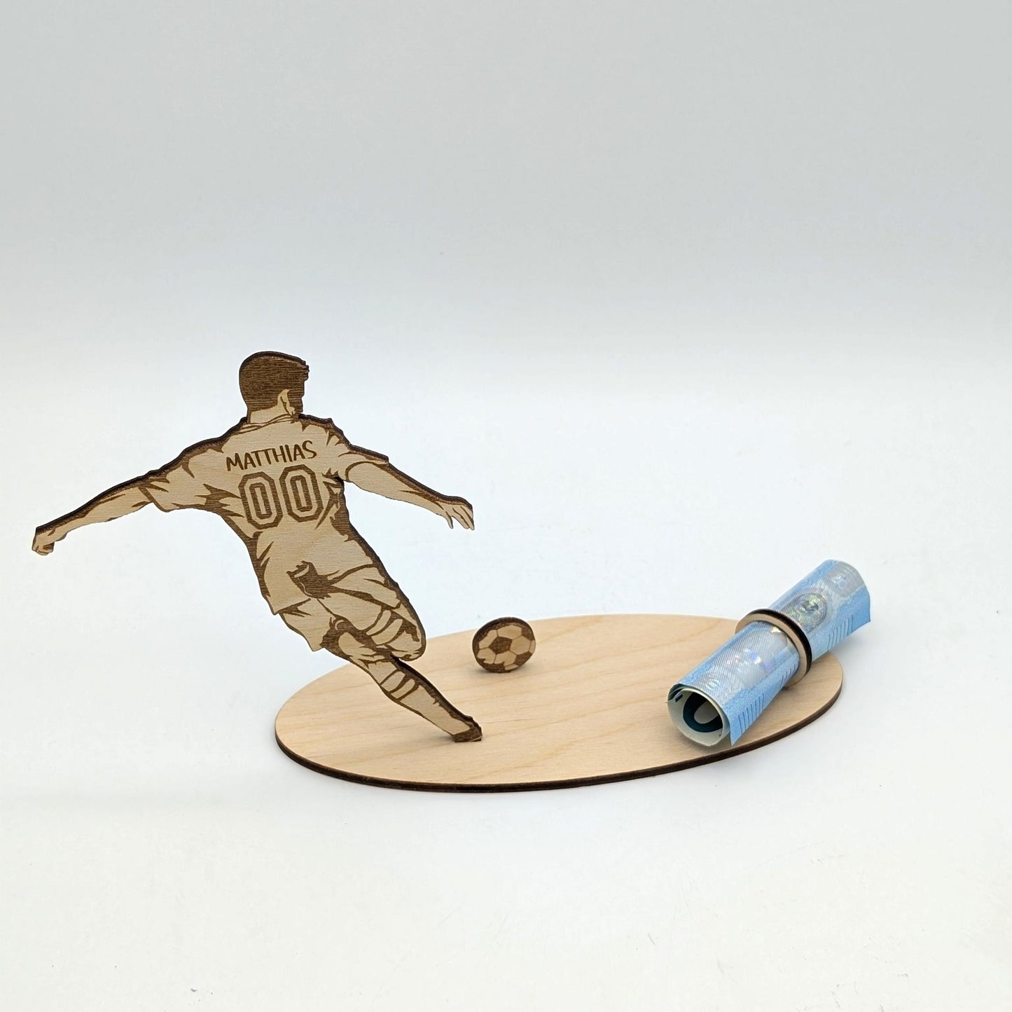 Geldgeschenk Personalisiert für Fußballfans, Geschenkidee aus Birkenholz zum Geburtstag mit Name