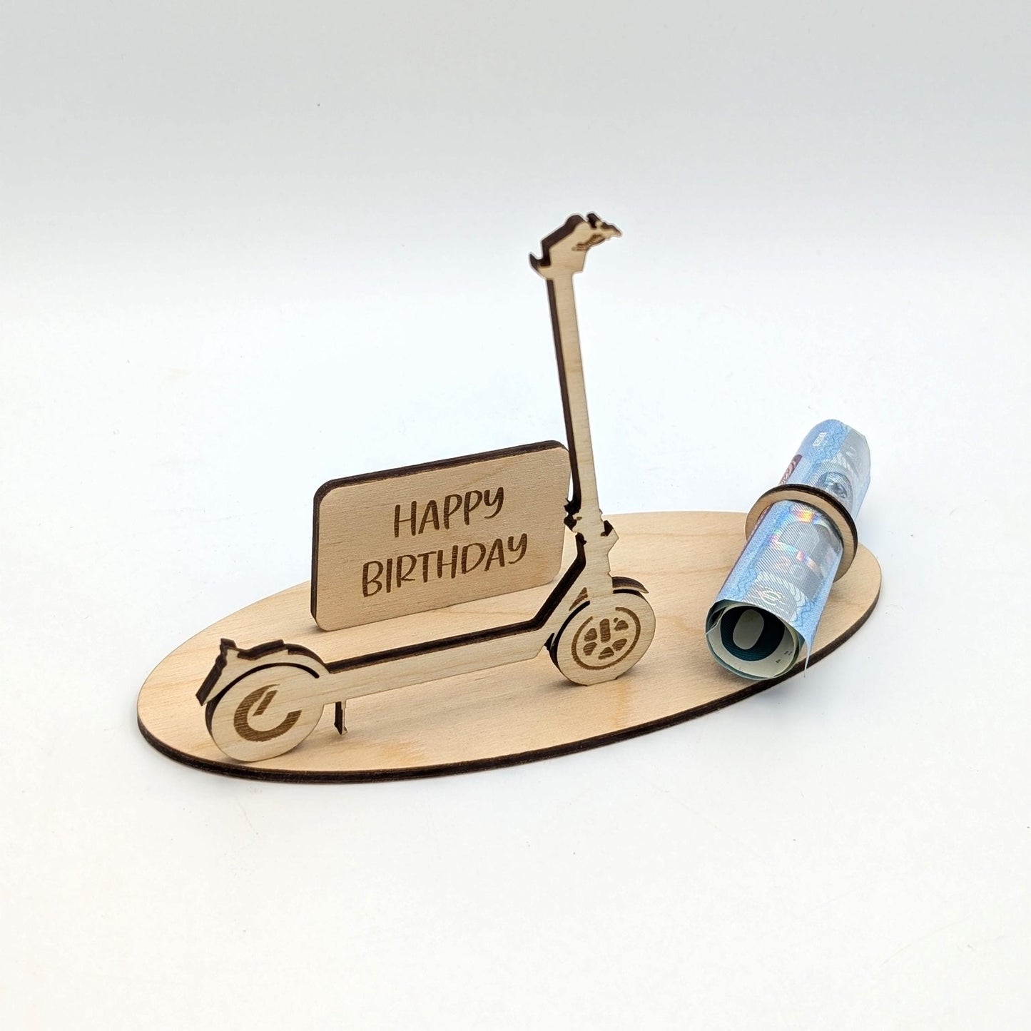 Geldgeschenk E-Scooter zum Geburtstag, Geschenkidee Personalisiert aus Holz zum Jubiläum, als Geburtstagsgeschenk, Stilvoll Geld schenken