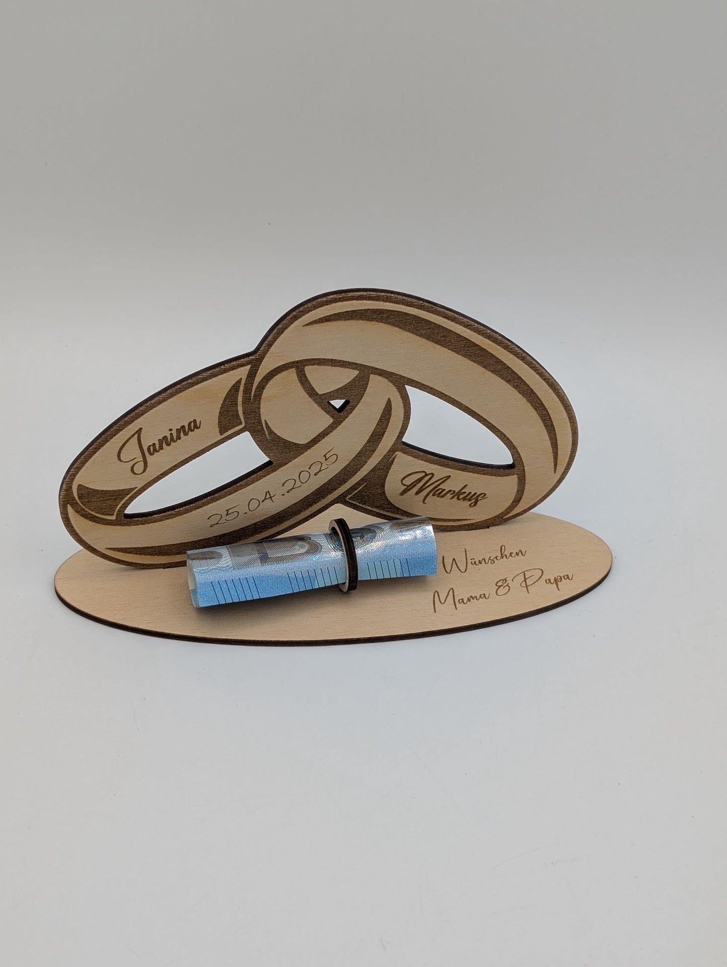 Geldgeschenk aus Holz zur Hochzeit, Personalisiert