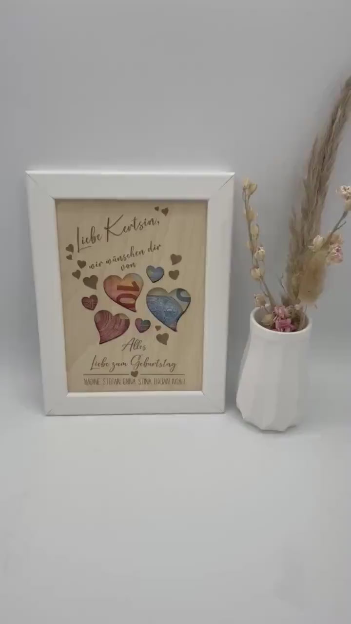 Geldgeschenk zum Geburtstag, Personalisiertes Geburtstagsgeschenk im Bilderrahmen, Andenken, Geschenkidee, Geldverpackung, Hochzeit, DIY