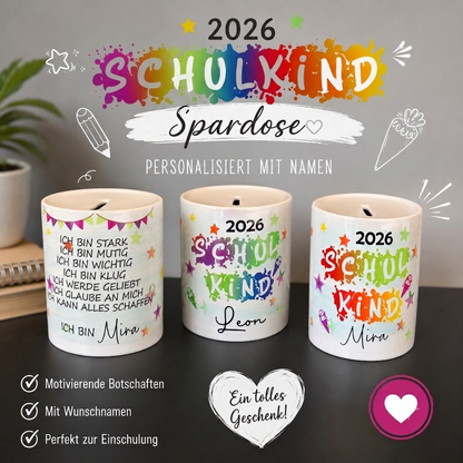 Personalisierte Tasse oder Spardose zur Einschulung 2026 | Mit Wunschname & Mutmach-Sprüchen