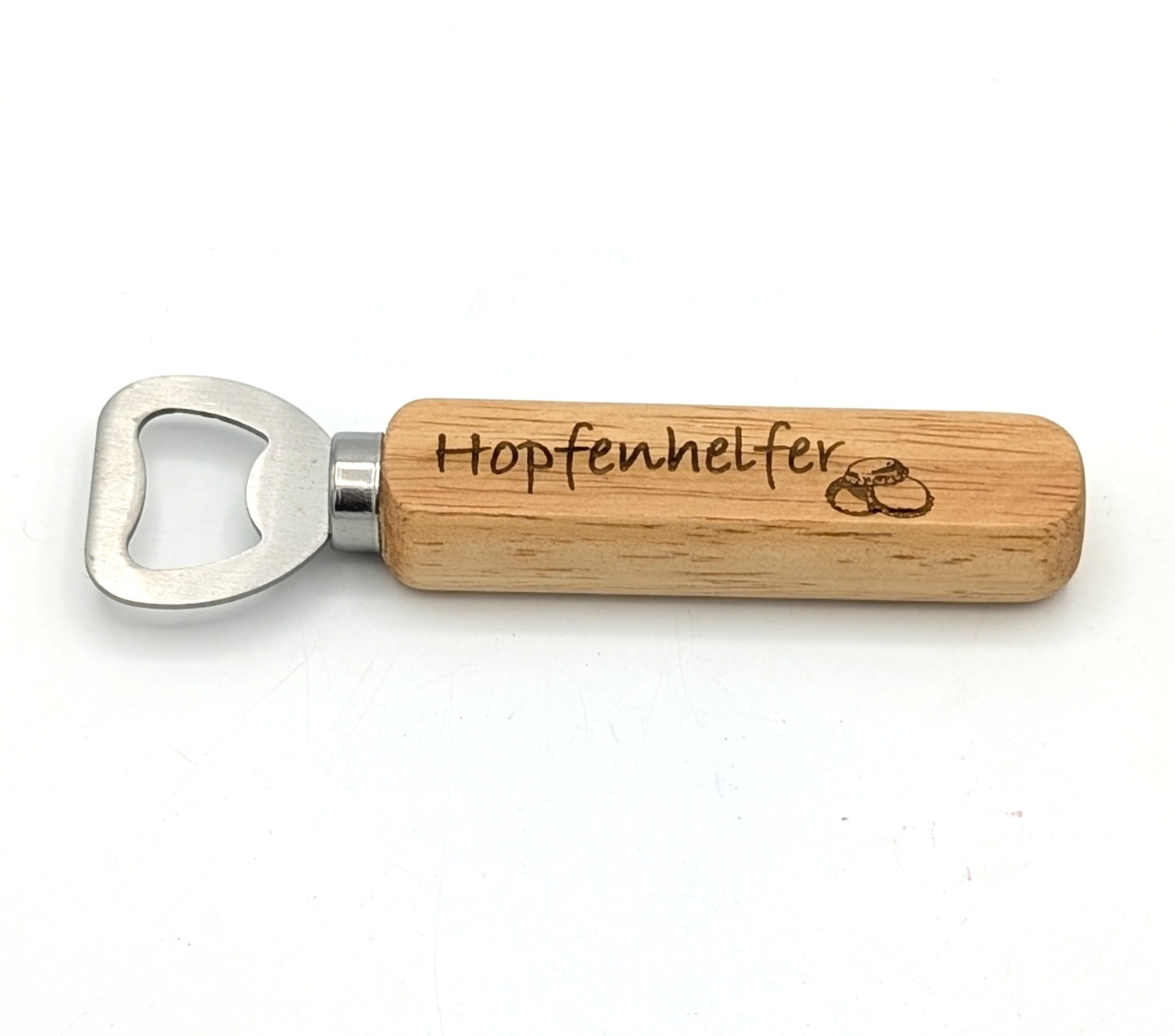 Flaschenöffner aus Buchen-Holz mit Lasergravur "Hopfenhelfer"