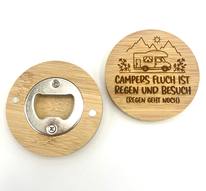 Flaschenöffner aus Bambusholz – für Camper "Profis gehen Campen"