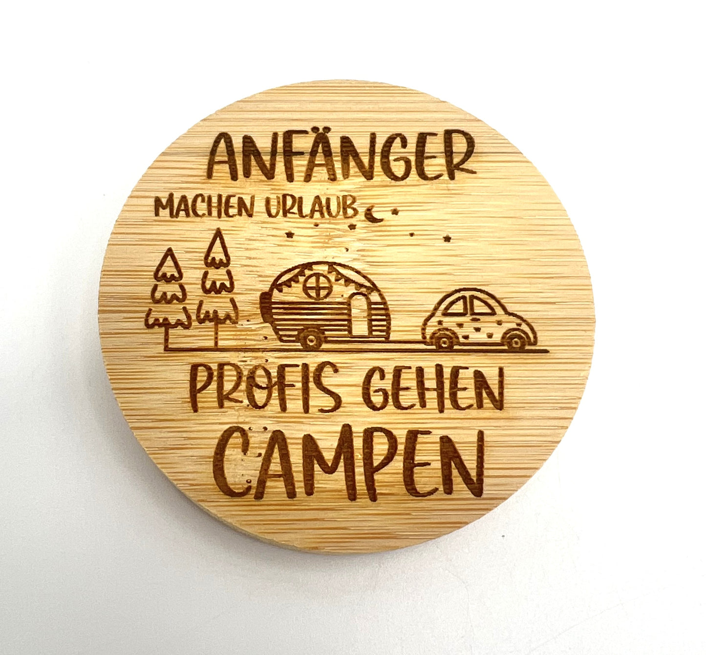 Flaschenöffner aus Bambusholz – für Camper "Profis gehen Campen"