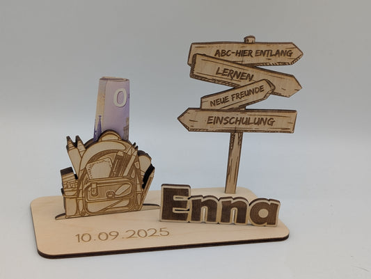 Geldgeschenk zur Einschulung aus Holz – personalisiert & handgefertigt