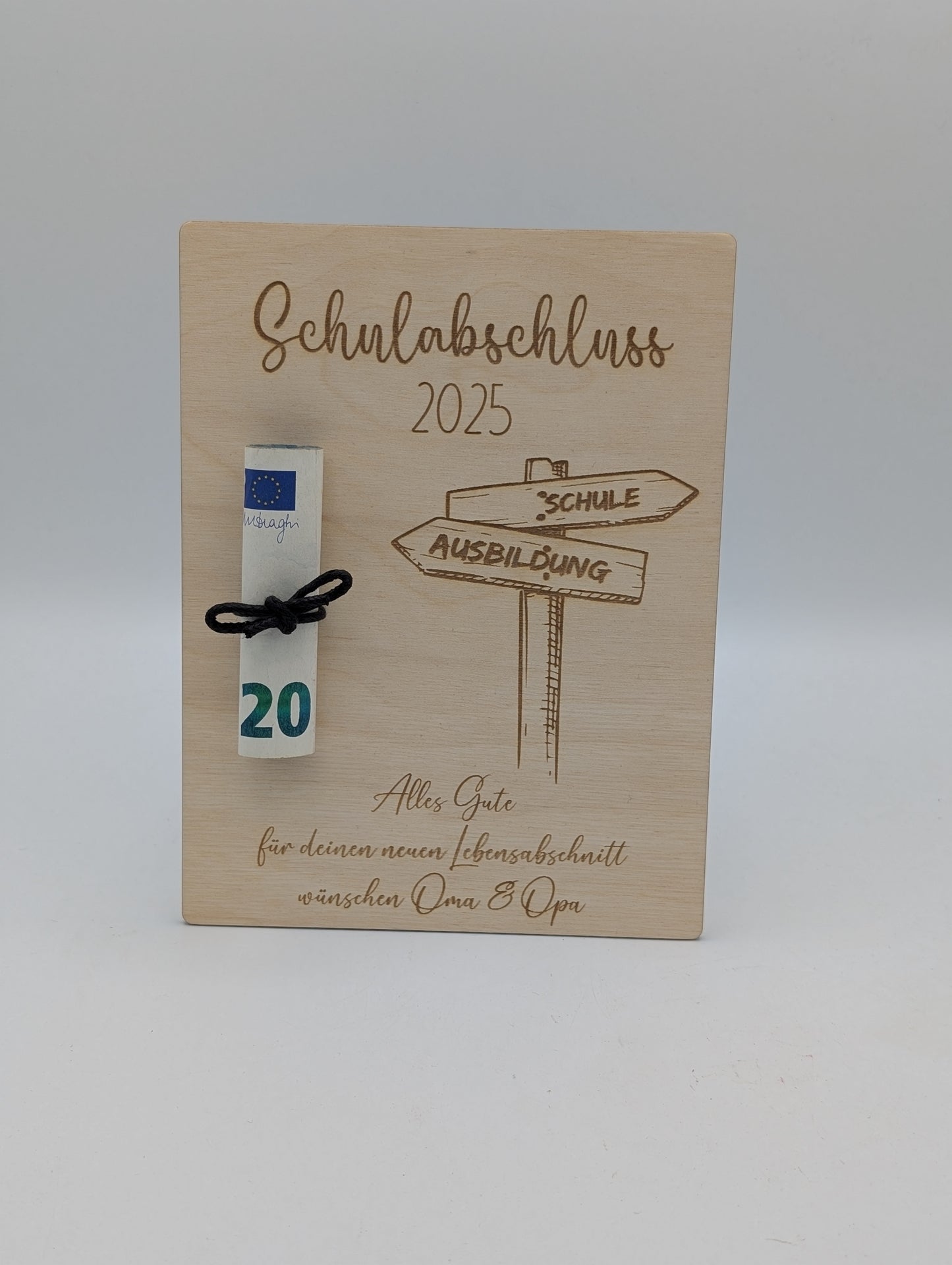Personalisierte Holz-Geschenkkarte zum Schulabschluss – Kreatives Geldgeschenk aus Birkenholz