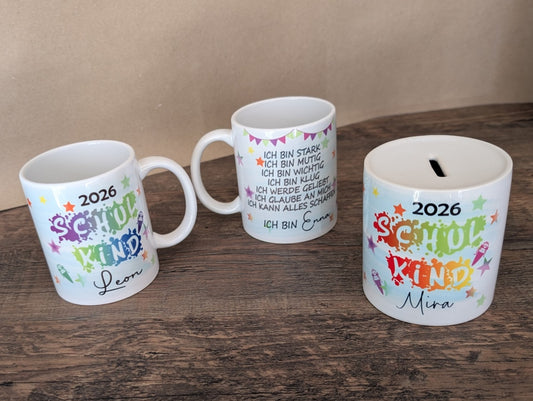 Personalisierte Tasse oder Spardose zur Einschulung 2026 | Mit Wunschname & Mutmach-Sprüchen