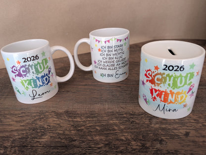 Personalisierte Tasse oder Spardose zur Einschulung 2026 | Mit Wunschname & Mutmach-Sprüchen