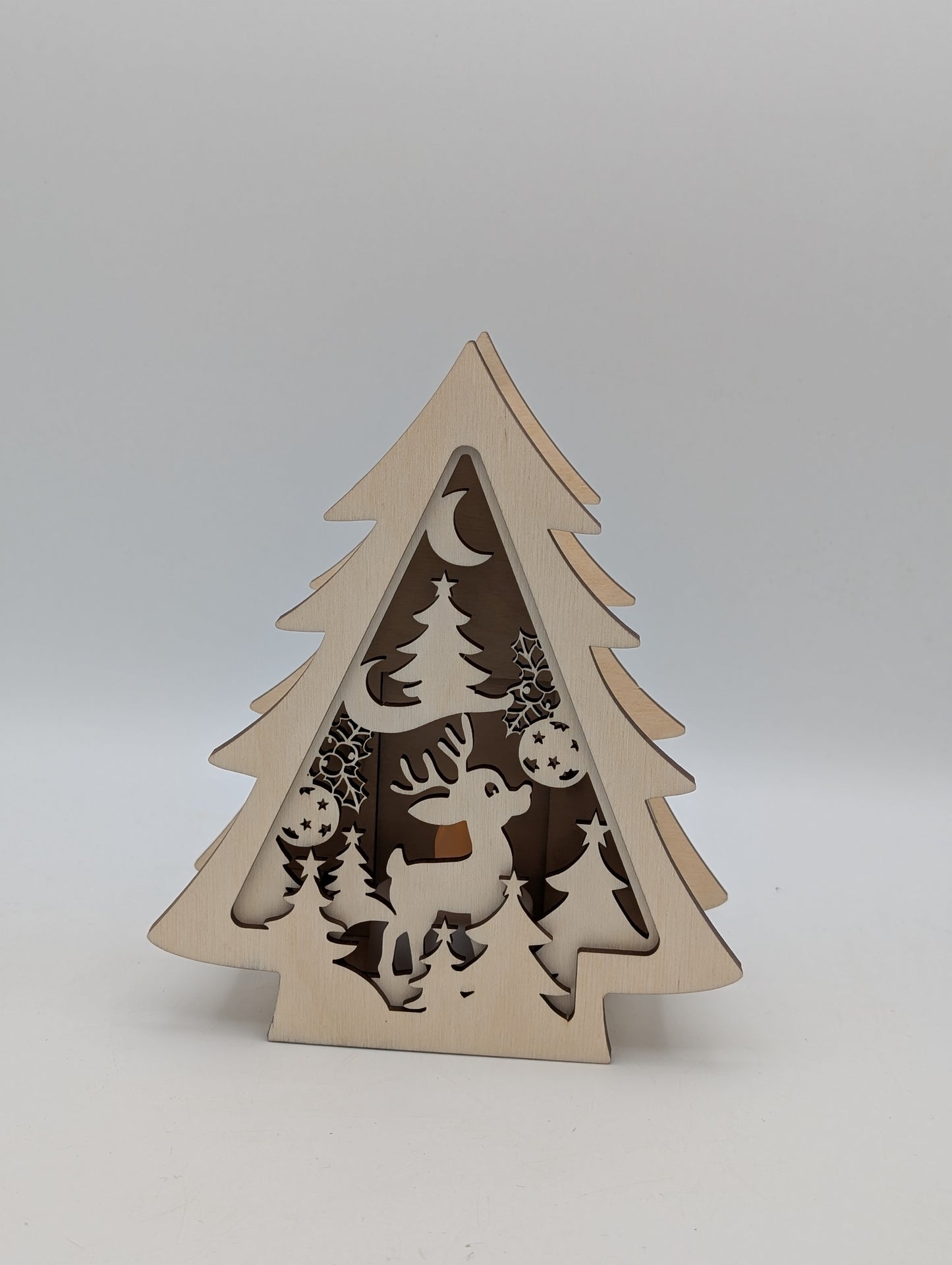 Holz Tannenbaum mit Rentiermotiv und LED-Teelicht