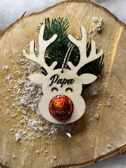 Rentier Schoko Weihnachtskugel, Mitbringsel, Personalisierter Christbaumschmuck aus Holz, Geschenkidee, Weihnachtsgeschenk, Weihnachten
