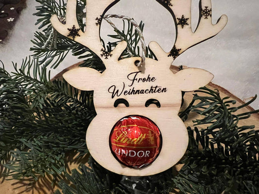 Rentier Schoko Weihnachtskugel, Mitbringsel, Personalisierter Christbaumschmuck aus Holz, Geschenkidee, Weihnachtsgeschenk, Weihnachten