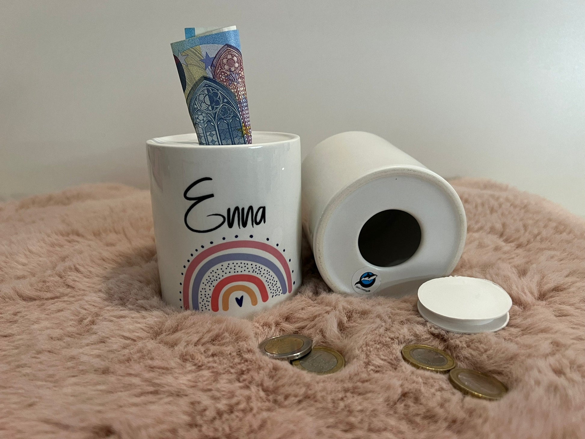 Personalisierte Spardose aus Keramik, mit Wunschname zur Konfirmation, Regenbogen, Kommunion, Taufe