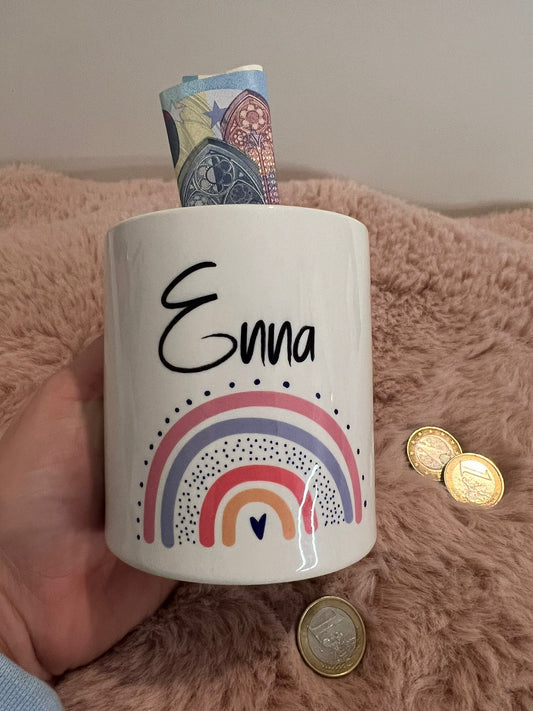 Personalisierte Spardose aus Keramik, mit Wunschname zur Konfirmation, Regenbogen, Kommunion, Taufe