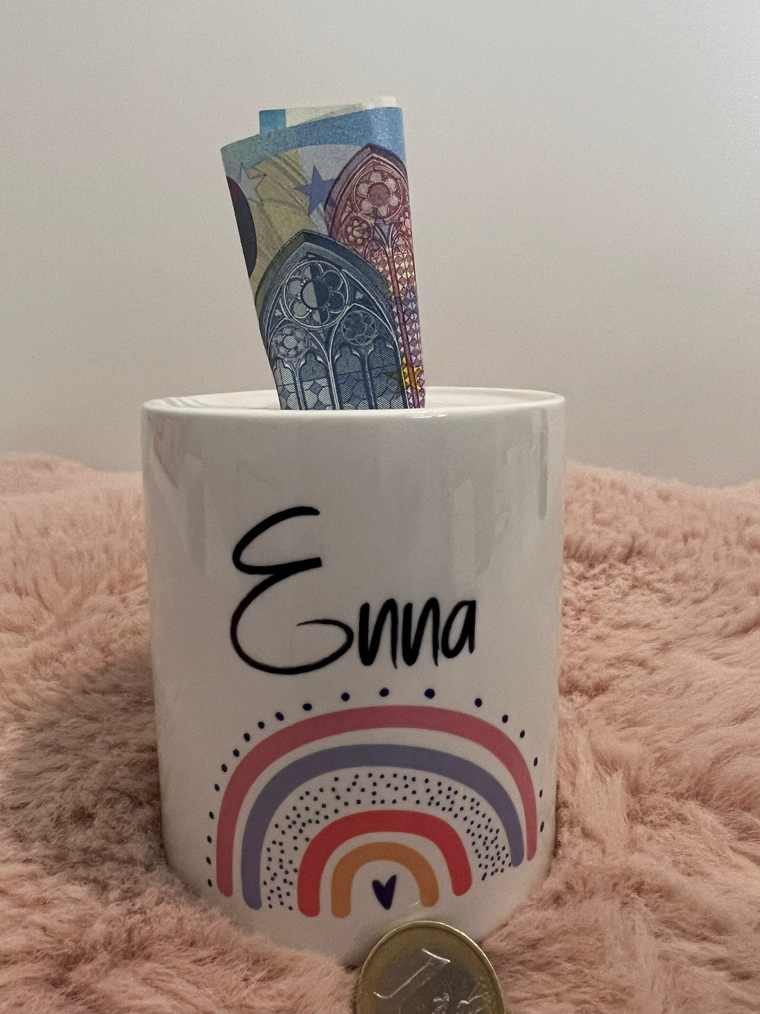 Personalisierte Spardose aus Keramik, mit Wunschname zur Konfirmation, Regenbogen, Kommunion, Taufe