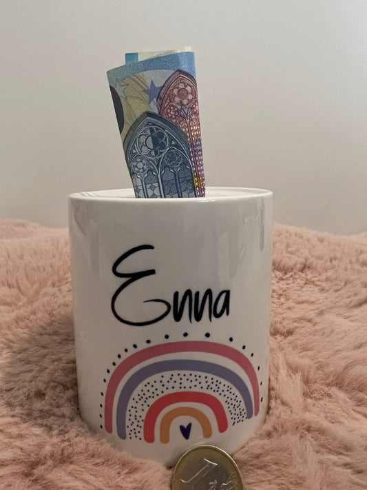 Personalisierte Spardose aus Keramik, mit Wunschname zur Konfirmation, Regenbogen, Kommunion, Taufe