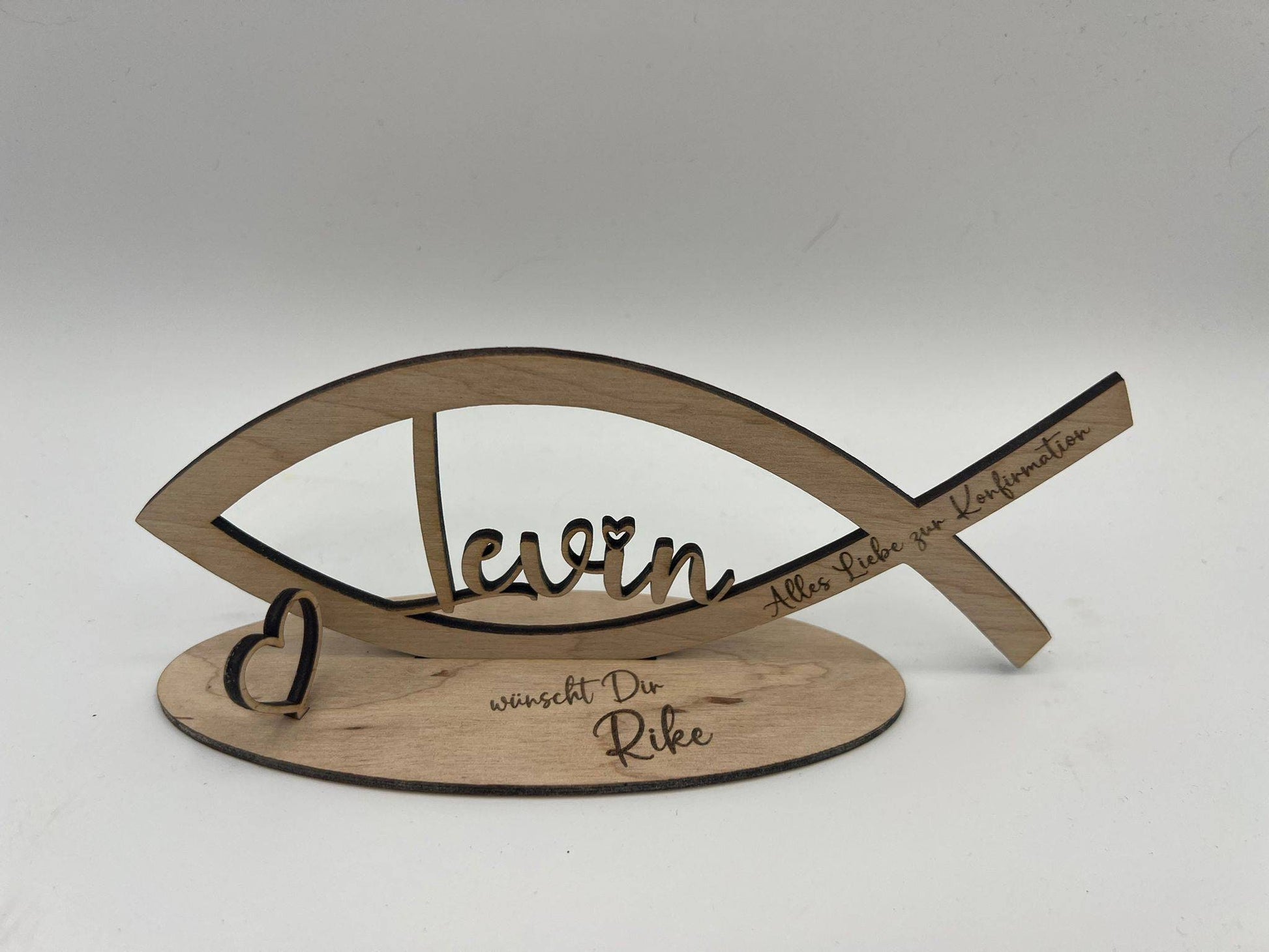 Geldgeschenk zur Kommunion aus Holz, Fisch mit Wunschname inkl. Gravur aus Holz, Konfirmation, Taufe, Jugendweihe, Namensgebung, Firmung