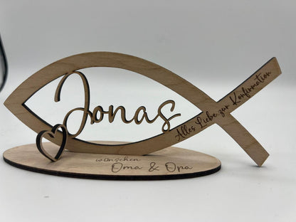 Geldgeschenk zur Konfirmation, Fisch aus Holz Personalisiert