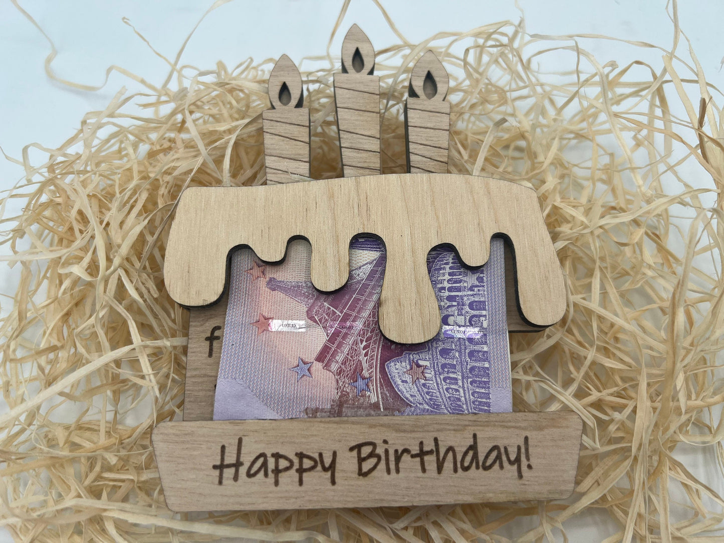 Geldgeschenk Holz Torte, Gutscheinhalter zum Geburtstag, Geschenkidee, Geschenkverpackung, Happy Birthday