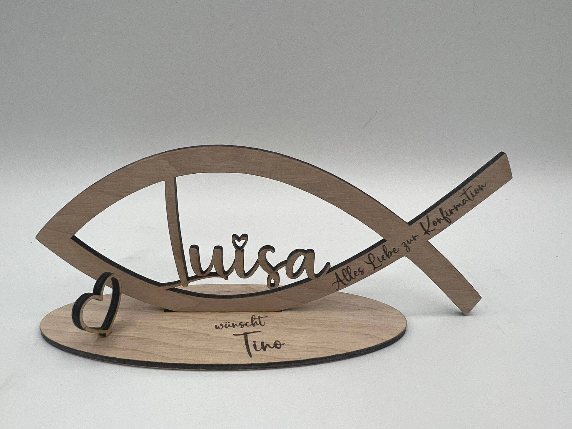 Geldgeschenk zur Kommunion aus Holz, Fisch mit Wunschname inkl. Gravur aus Holz, Konfirmation, Taufe, Jugendweihe, Namensgebung, Firmung
