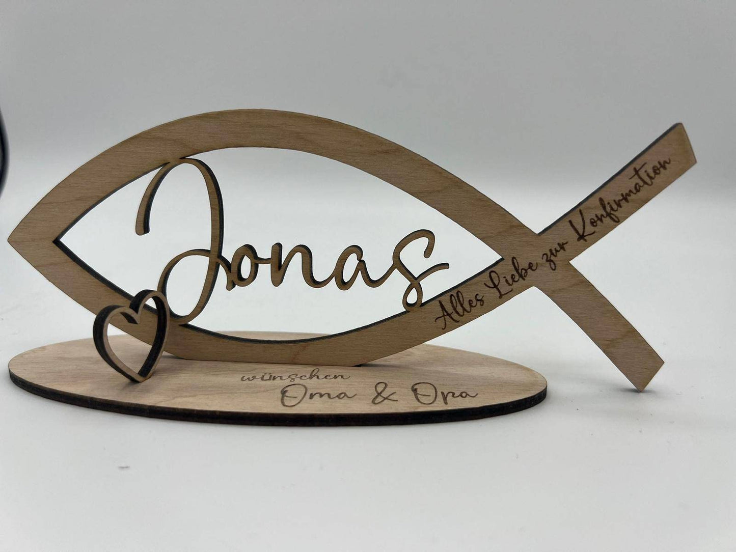Geldgeschenk zur Kommunion aus Holz, Fisch mit Wunschname inkl. Gravur aus Holz, Konfirmation, Taufe, Jugendweihe, Namensgebung, Firmung