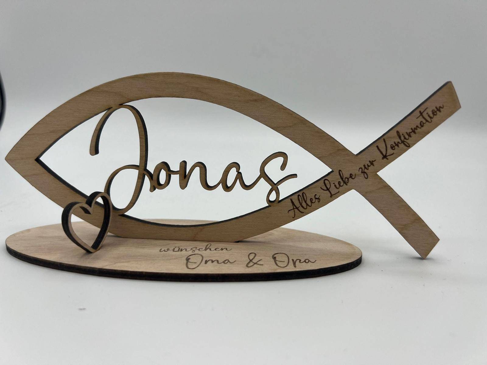 Geldgeschenk zur Kommunion aus Holz, Fisch mit Wunschname inkl. Gravur aus Holz, Konfirmation, Taufe, Jugendweihe, Namensgebung, Firmung