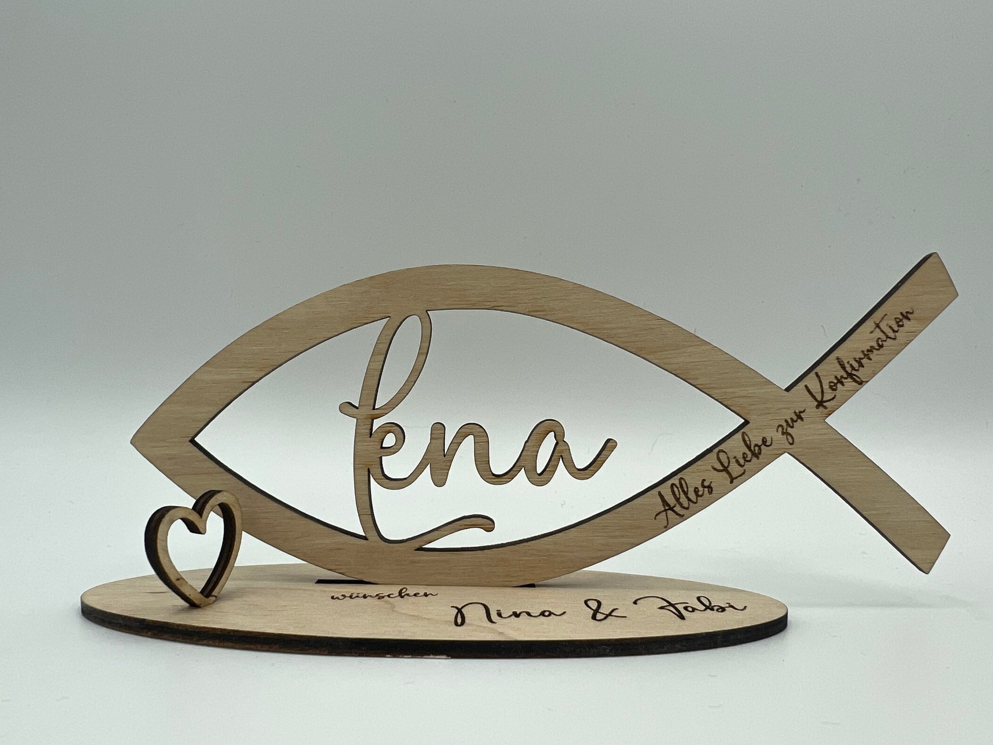 Geldgeschenk zur Kommunion aus Holz, Fisch mit Wunschname inkl. Gravur aus Holz, Konfirmation, Taufe, Jugendweihe, Namensgebung, Firmung